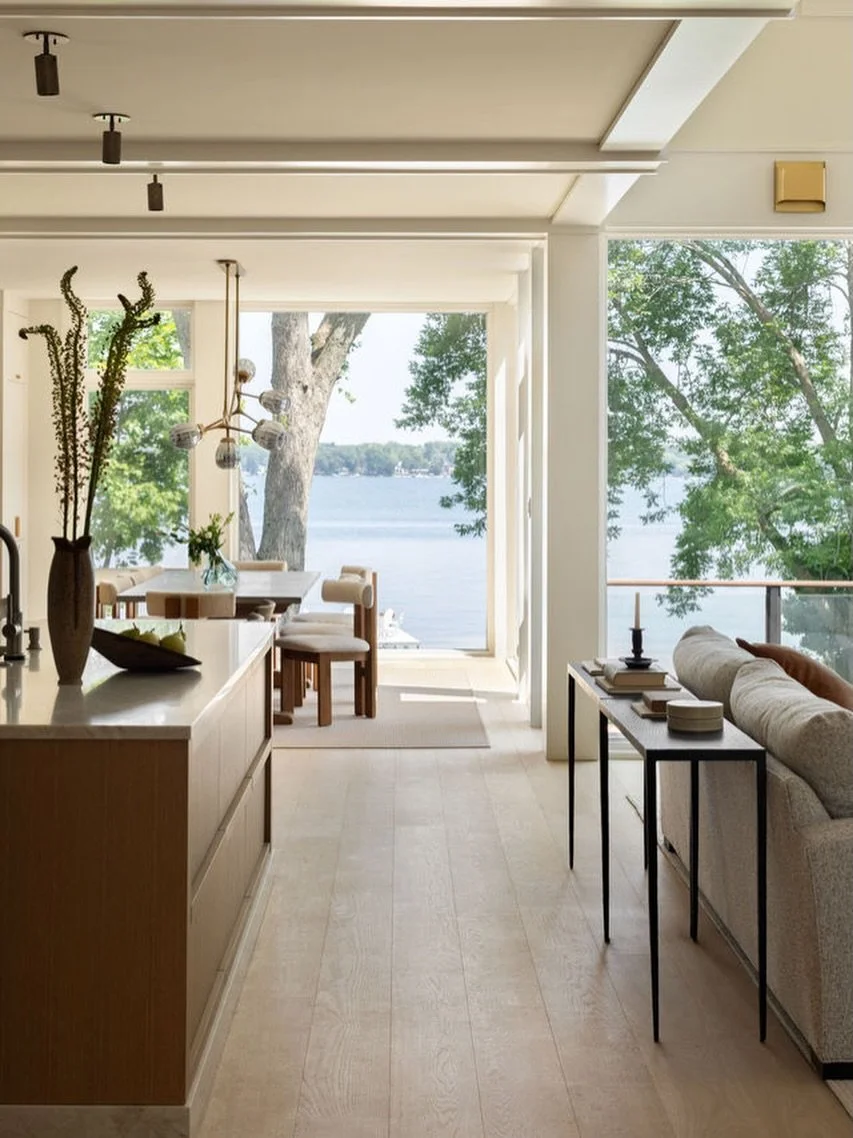 Lake Views / From the moment you enter this serene lake home you get a view of the lake. The house that occupied the site before was more conventional and lacked the sweeping views the clients desired. #designenmasse 
📸 @aimeemazzenga 
Stylist: @ala