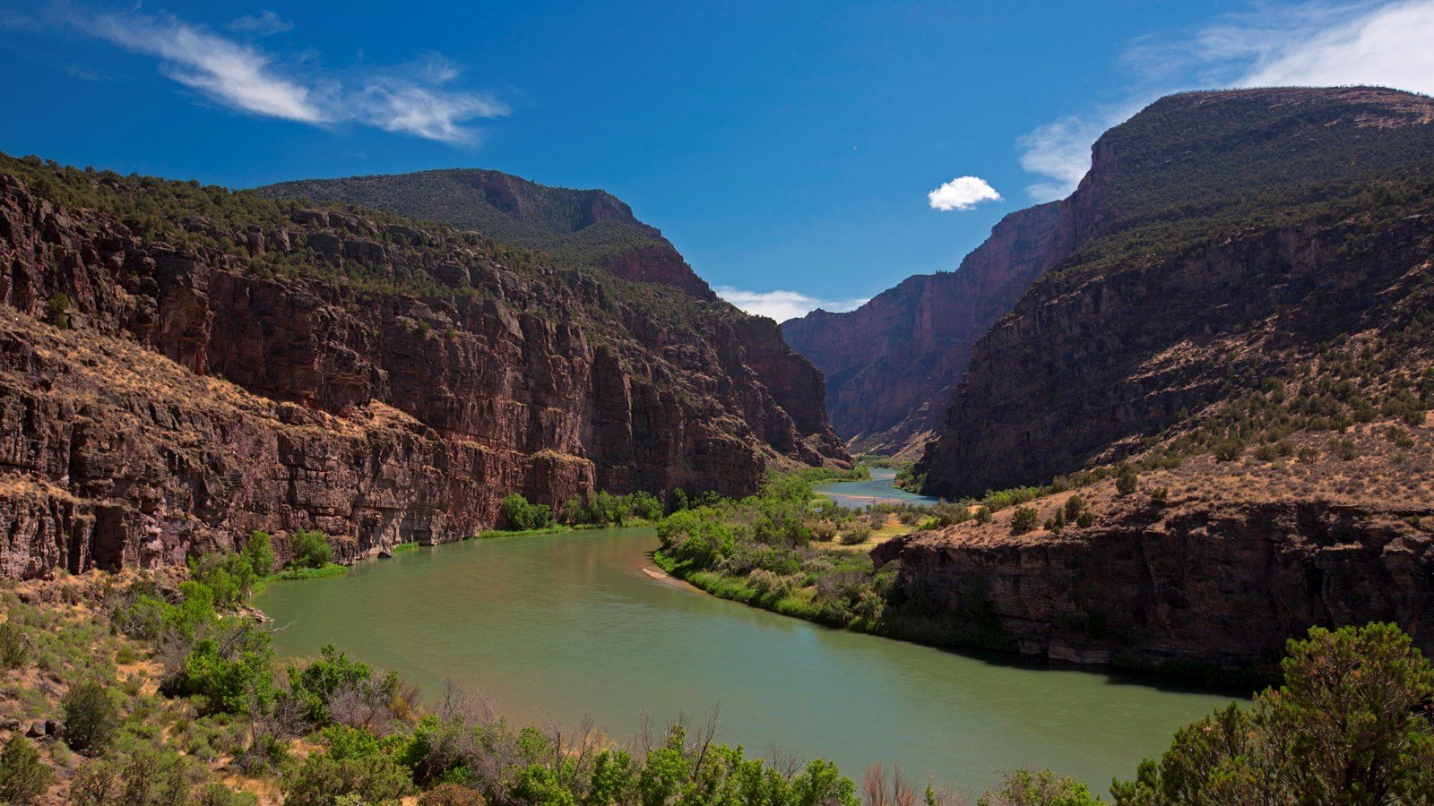 Panoramic view of a green river winding through rugged red rock canyon walls under a bright blue sky