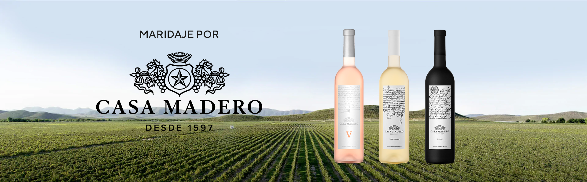 Imagen promocional de Casa Madero con un fondo de viñedos y tres botellas de vino, una de rosé, otra de blanco y una de tinto.
