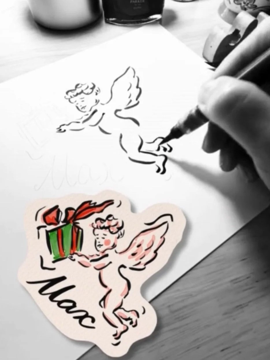 Christmas Place Cards, illustrated and cut by hand.