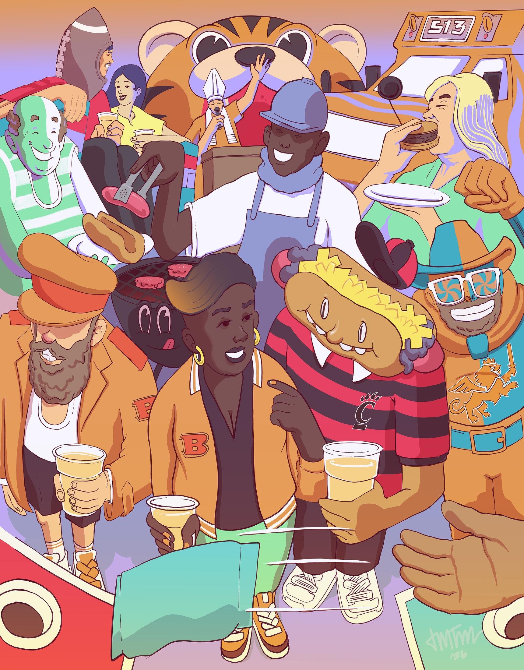 Tailgating, Cincinnati Magazine, 2026.
Editorial illustration for an article on tailgating. Full page opener
