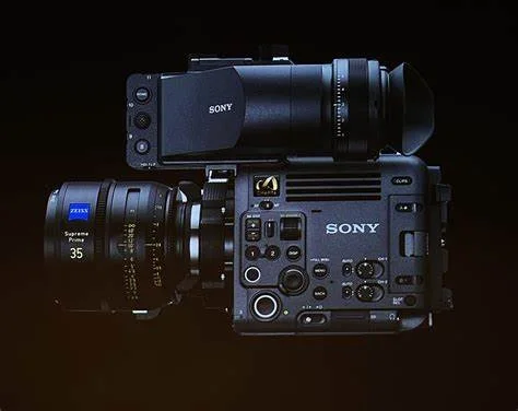 A professional Sony video camera with a large lens, placed against a dark background.
