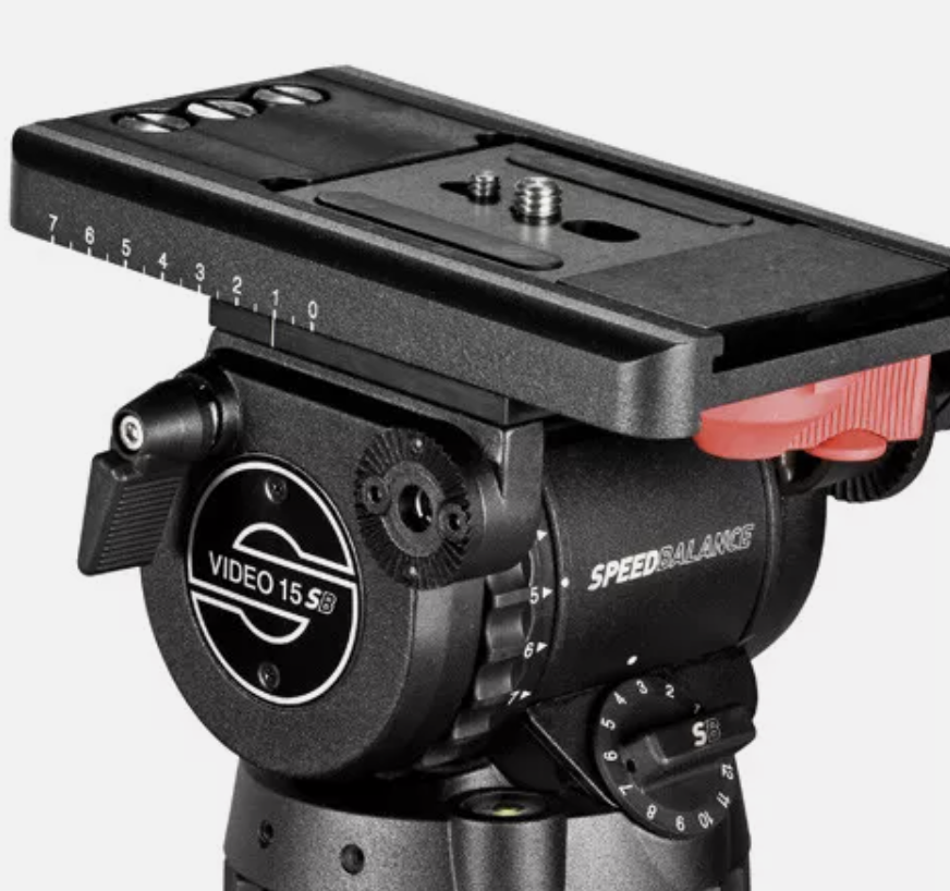 A professional-grade camera tripod head with adjustable dials and a mounting plate for a camera or camcorder.