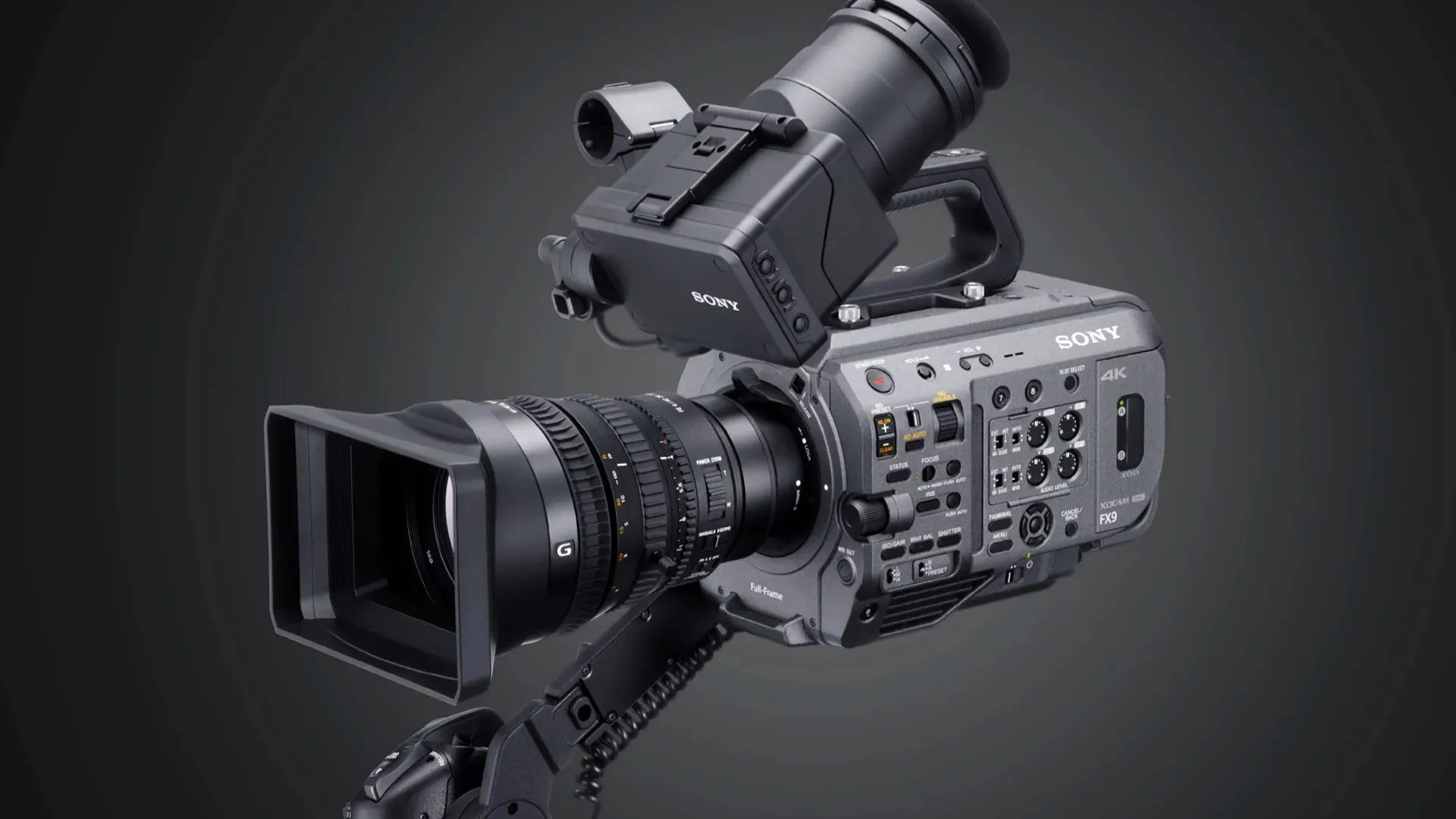 Professional Sony 4K video camera with large lens and viewfinder, positioned on a tripod or stabilizer.