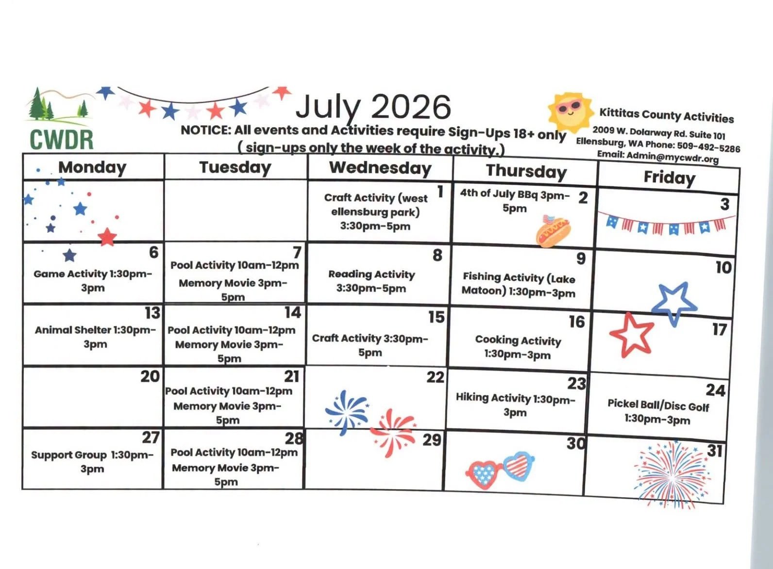 July Kittitas 18+ Calendar
