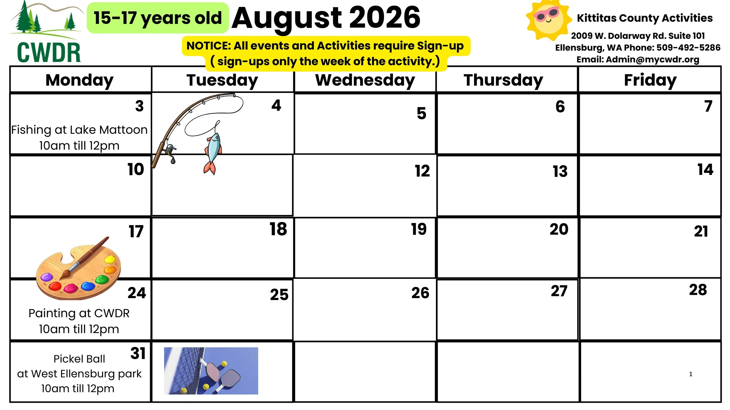 August Kittitas 15-17 (9th-12th Grade) Calendar