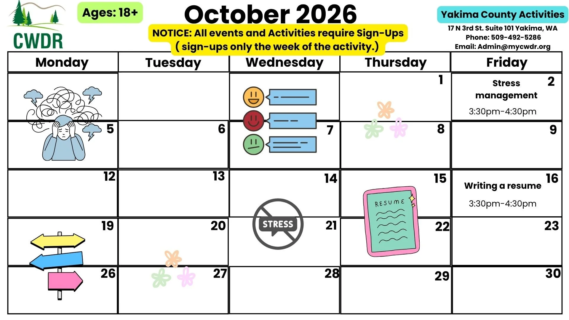 18+ Yakima County October Activity Calendar