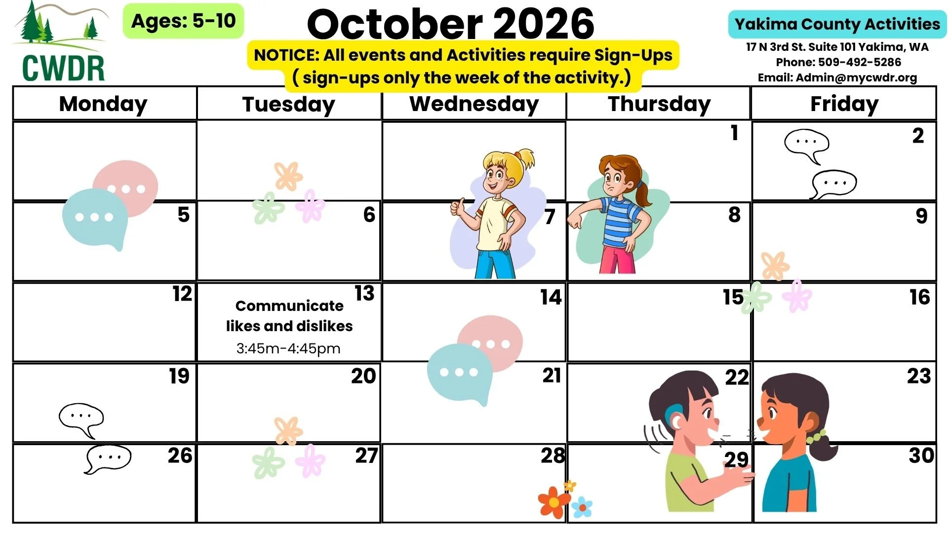 Age 5-10 Yakima County October Activity Calendar