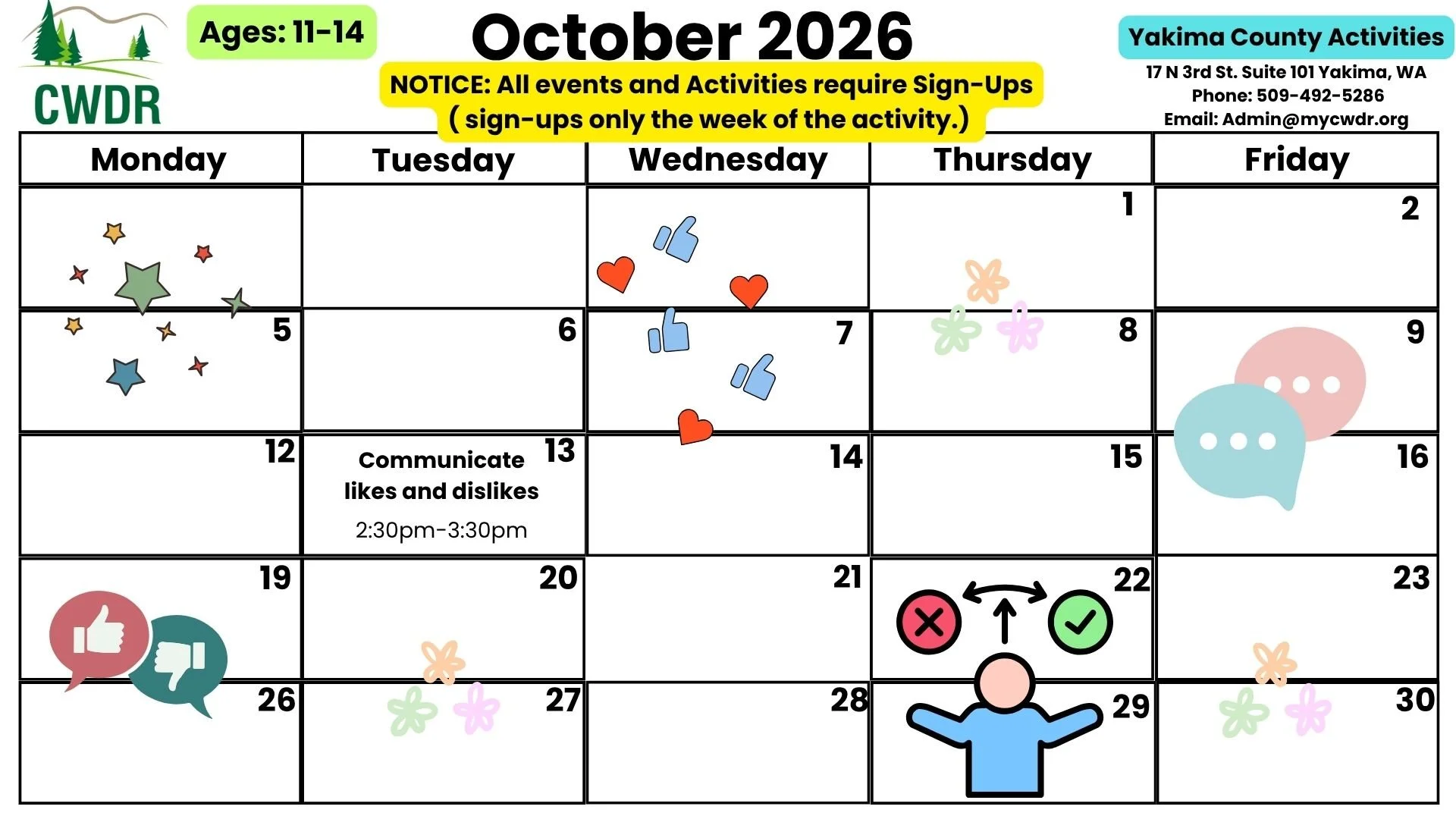 Age 11-14 Yakima County October Activity Calendar