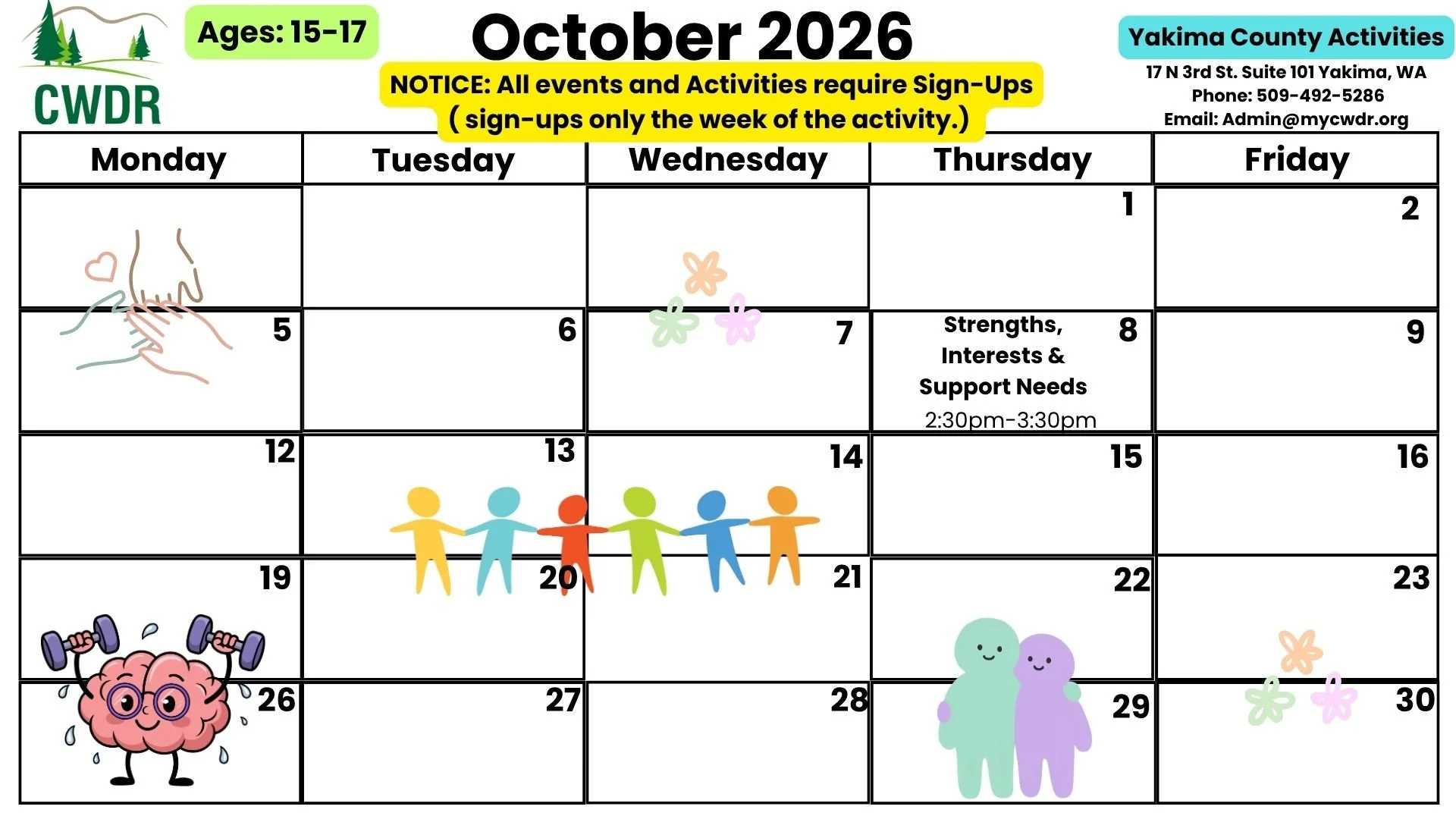 Age 15-17 Yakima County October Activity Calendar