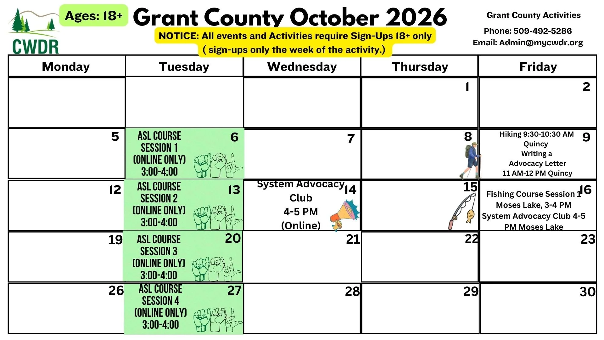 18+ Grant County October Activity Calendar 