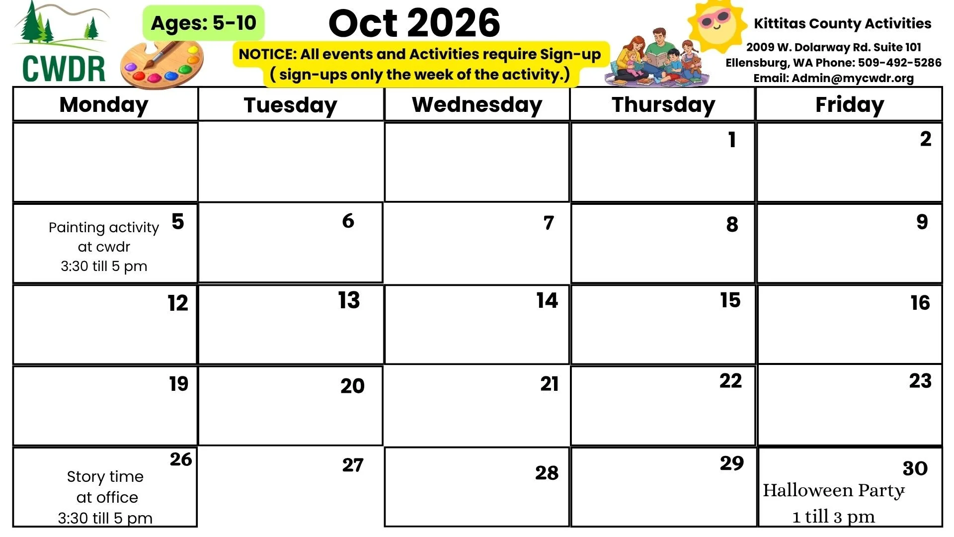 Age 5-10 Kittitas County October Activity Calendar 