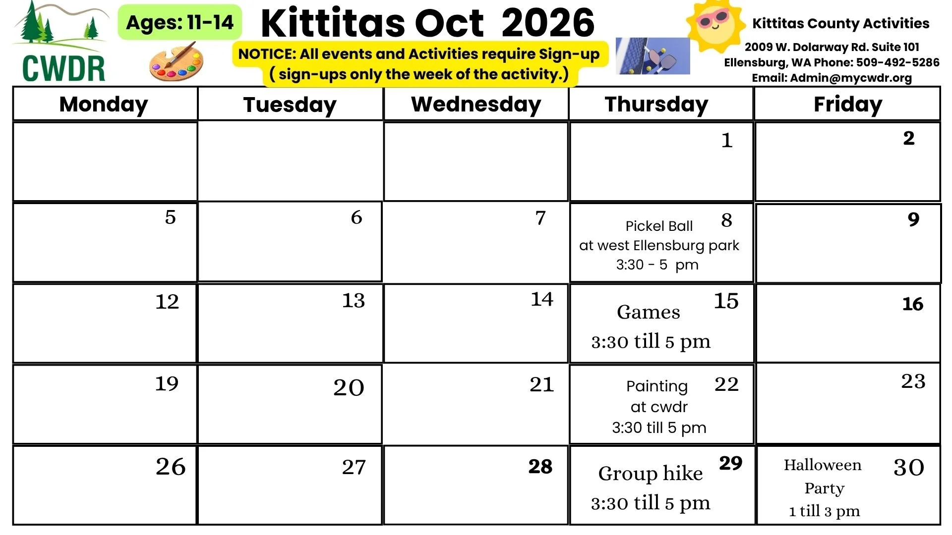 Age 11-14 Kittitas County October Activity Calendar 