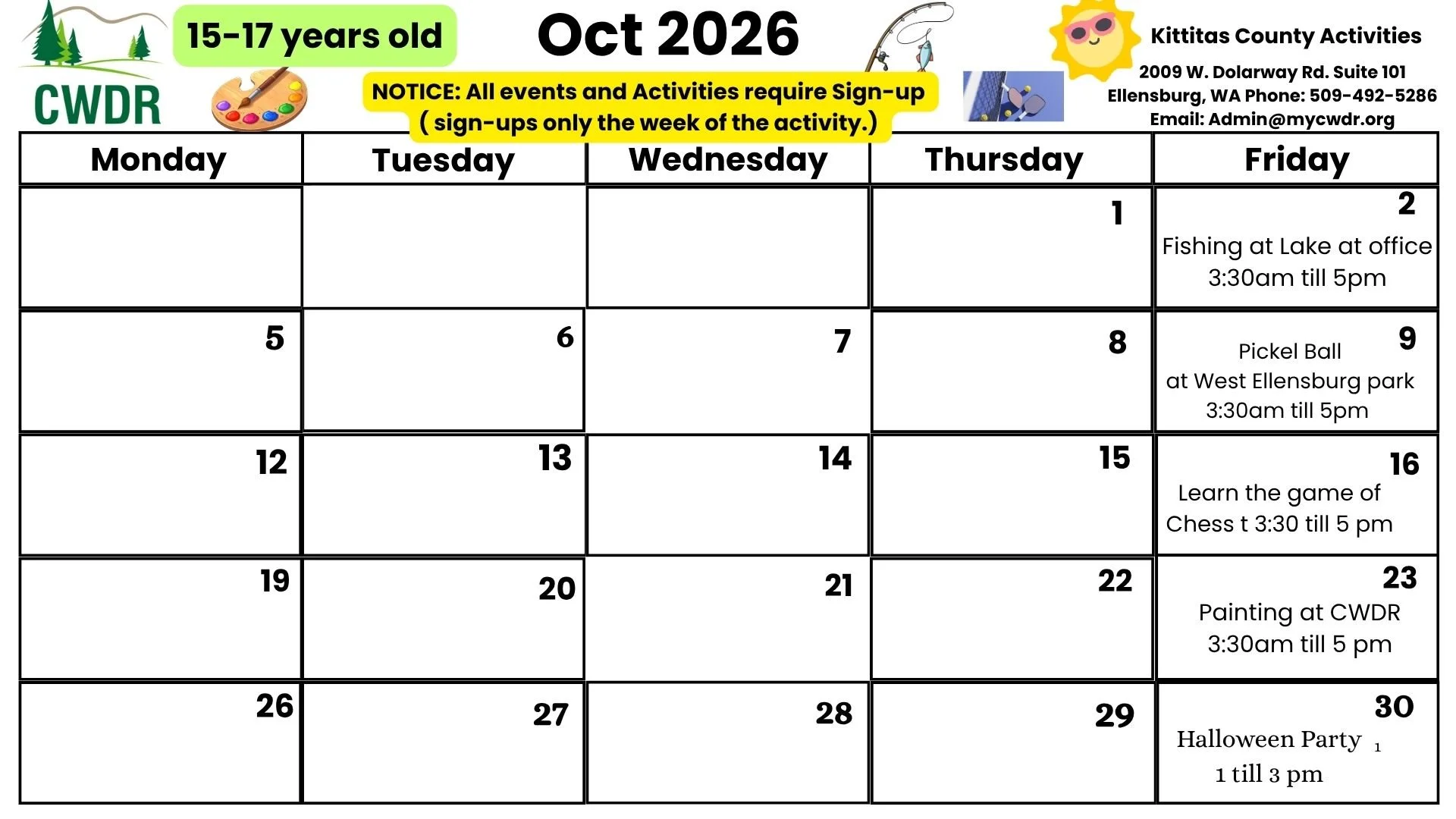 Age 15-17 Kittitas County October Activity Calendar 