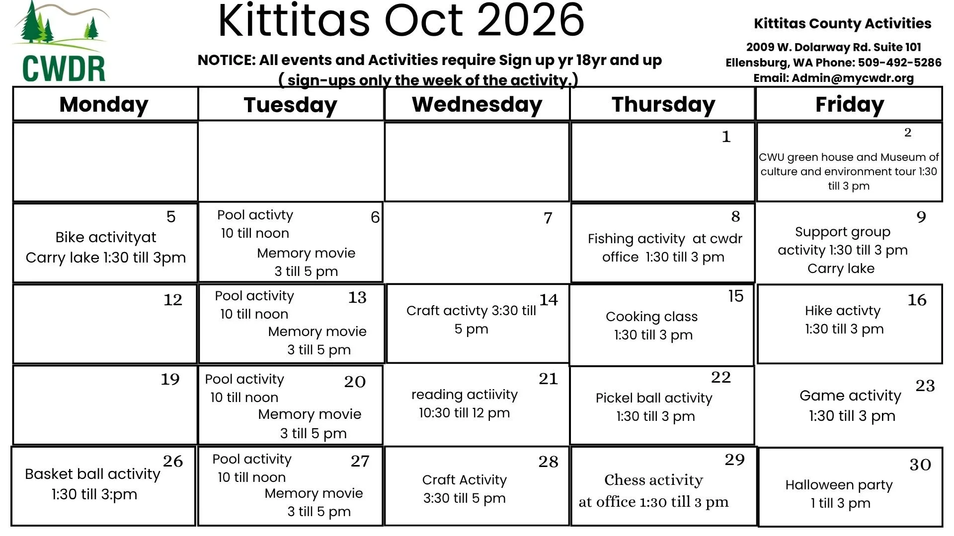 18+ Kittitas County October Activity Calendar 