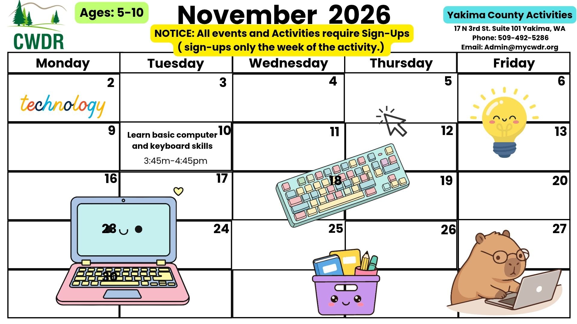 Age 5-10 Yakima County November Activity Calendar 