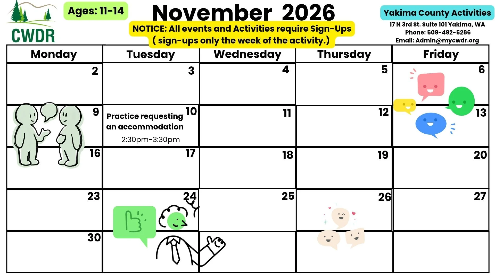 Age 11-14 Yakima County November Activity Calendar 