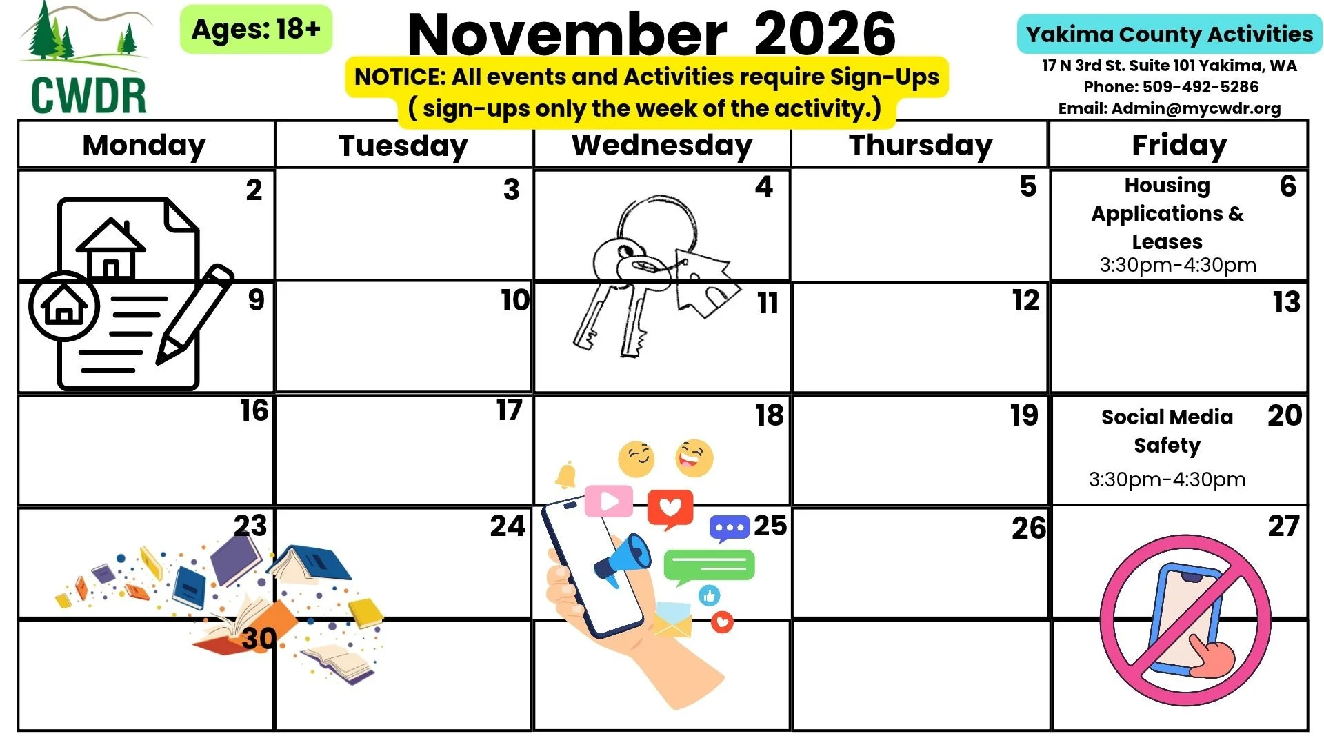 18+ Yakima County November Activity Calendar 