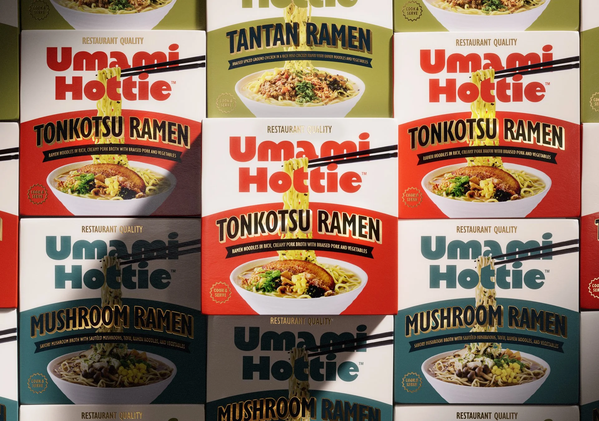 A wall of stacked Umami Hottie ramen boxes.
