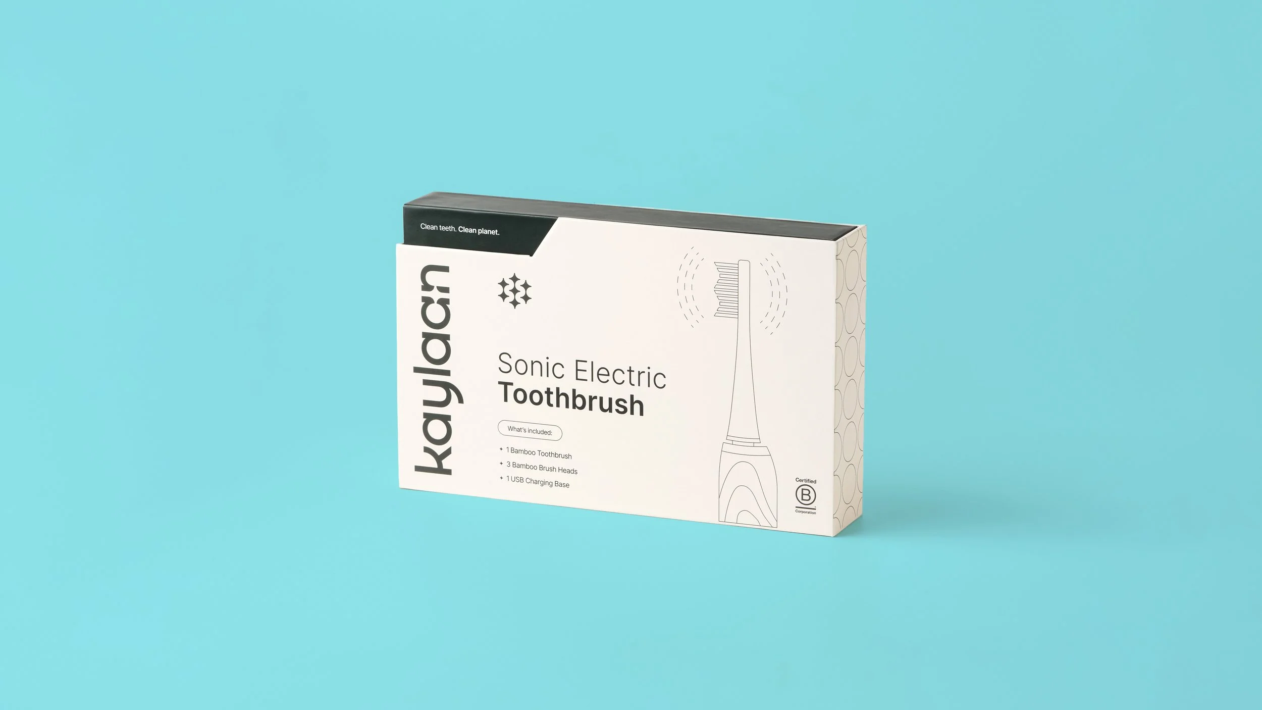 Kaylaan sonic electric toothbrush packaging design on a solid blue background