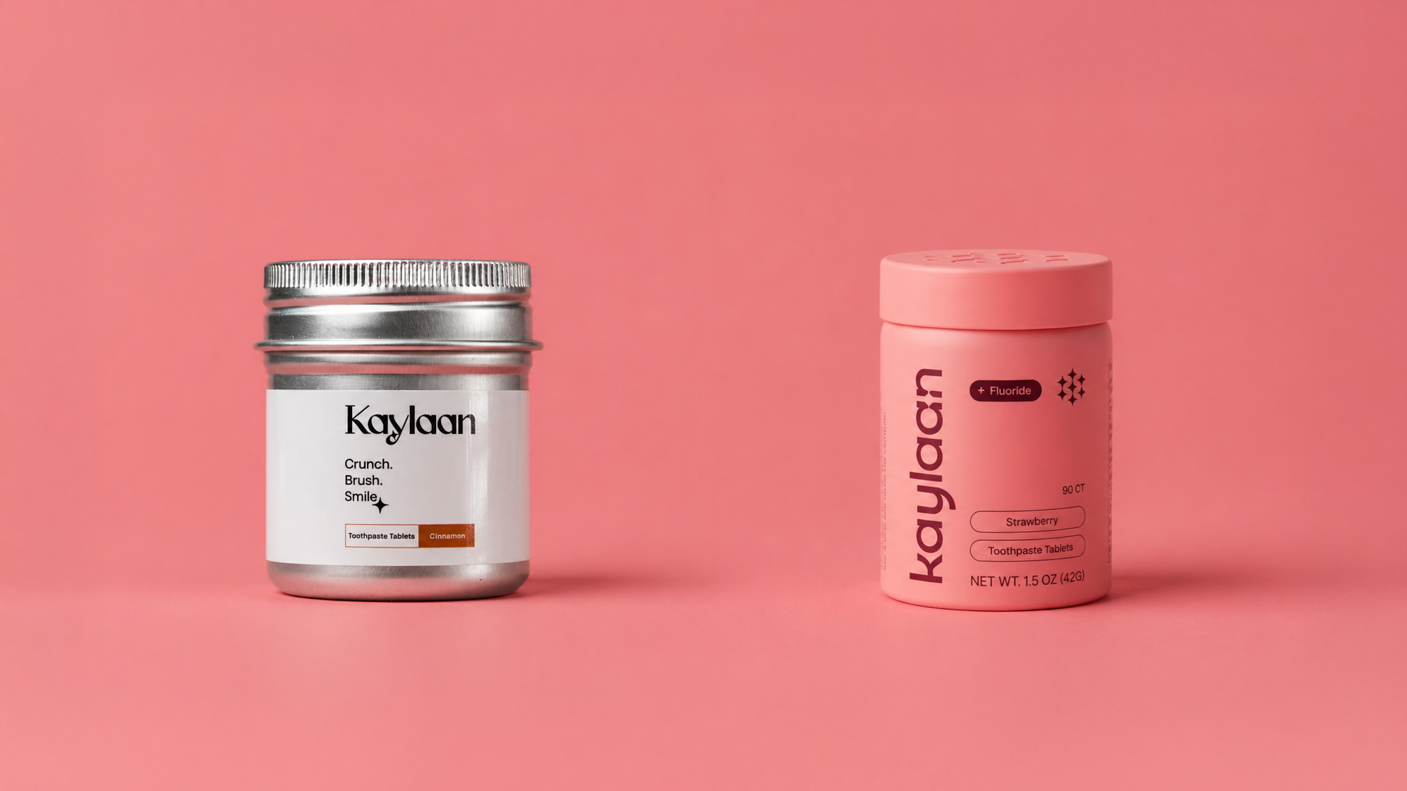 A before and after side by side comparison of Kaylaan's toothpaste tablet unit packaging design