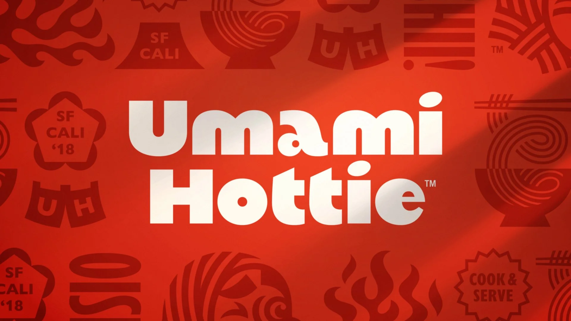 A lockup of the new Umami Hottie logo in white lettering on a red background with surrounding icons and graphics