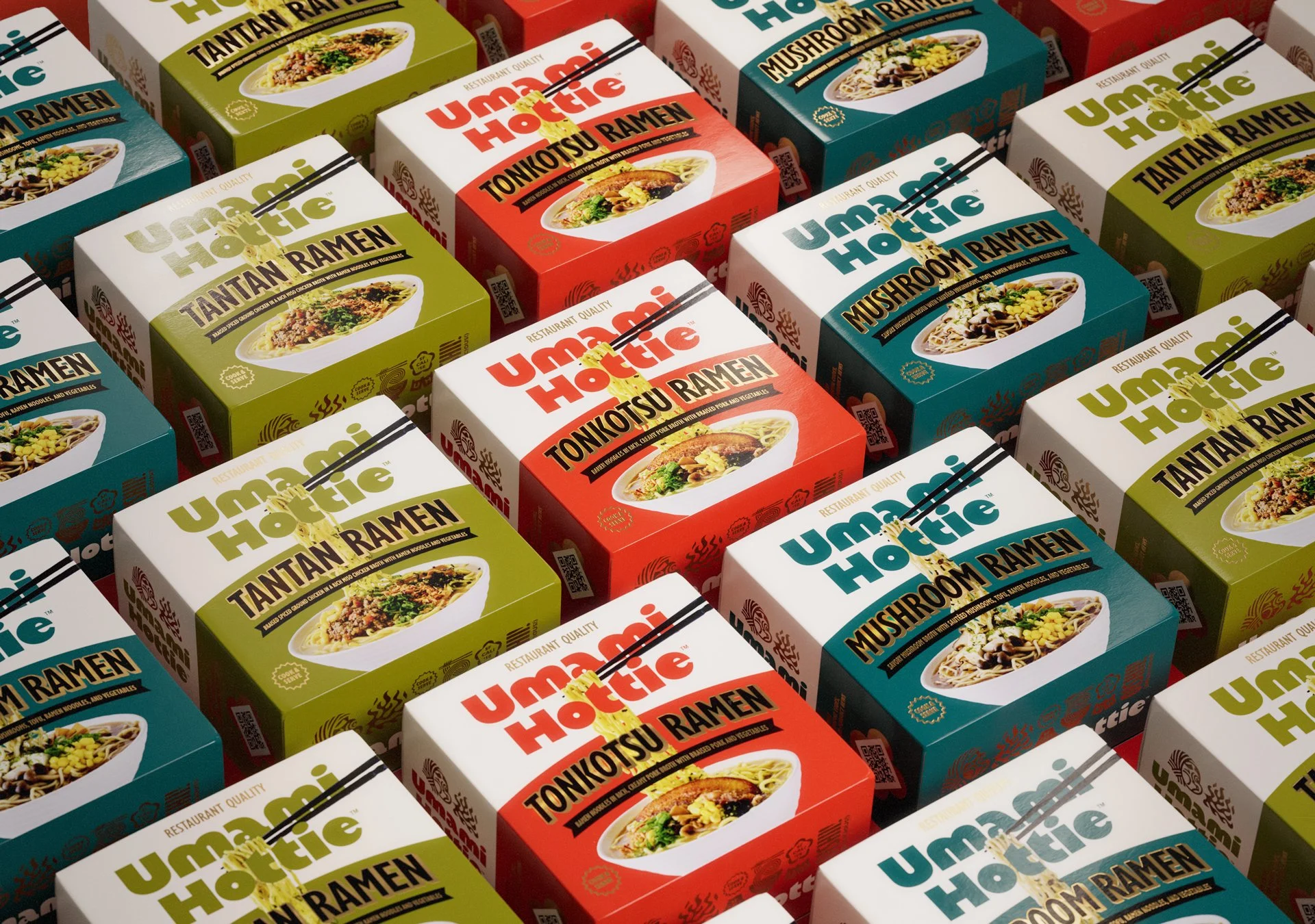 A patterned arrangement of Umami Hottie ramen packaging from a top down view
