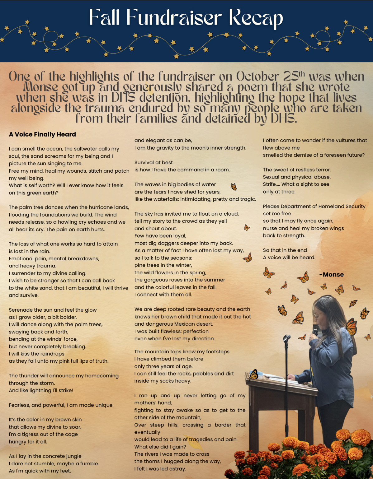 Page 2 of 3 from our Dec 2025 Newsletter showcasing Monse's poem that she bravely read at the Fall Fundraiser.