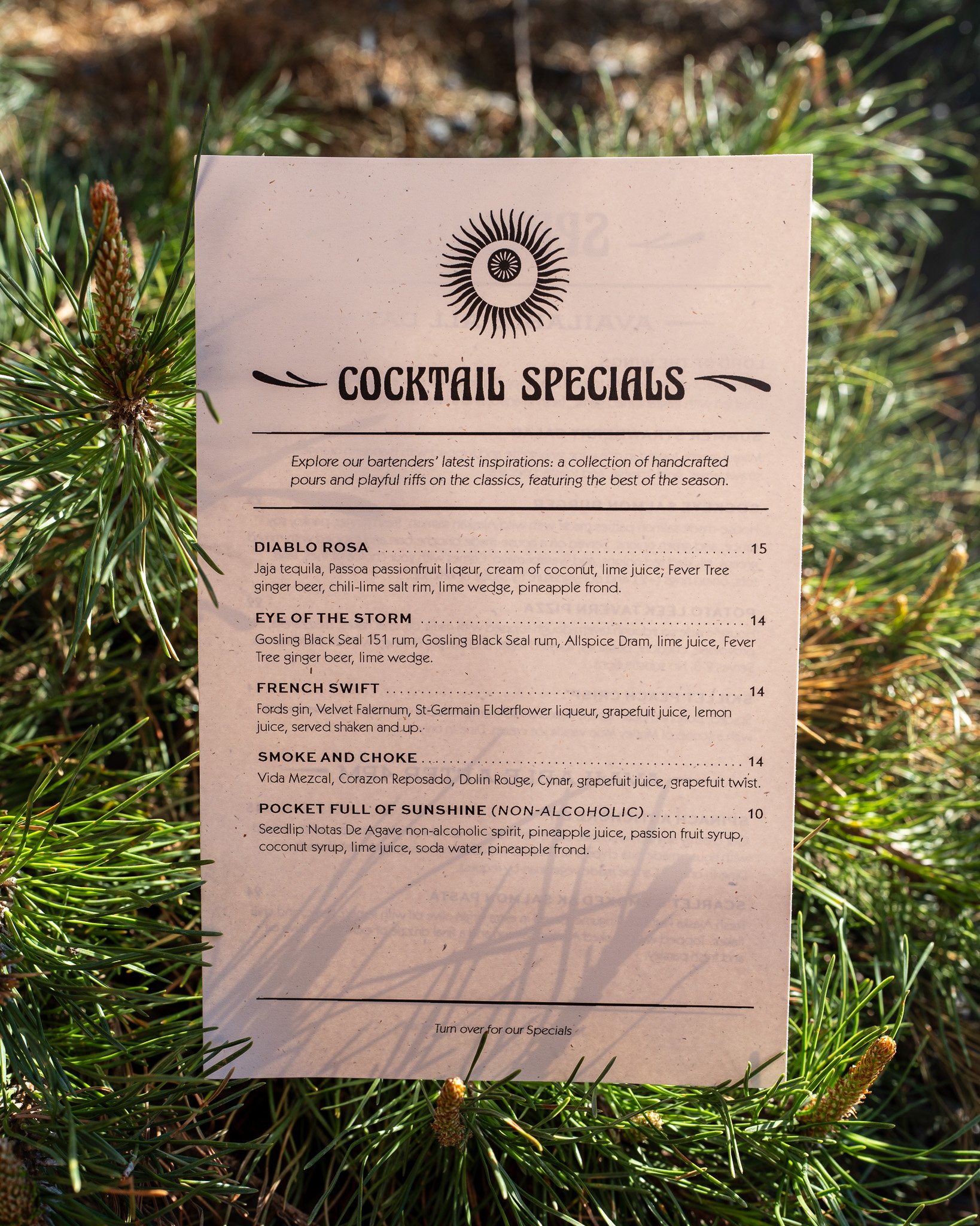 Cheers to this SUNSHINE. This weather and these cocktail specials? A winning combination.

DIABLO ROSA
Jaja tequila, Passoa passionfruit liqeur, cream of coconut, lime juice, Fever Tree ginger beer, chili-lime salt rim, lime wedge, pineapple frond

E