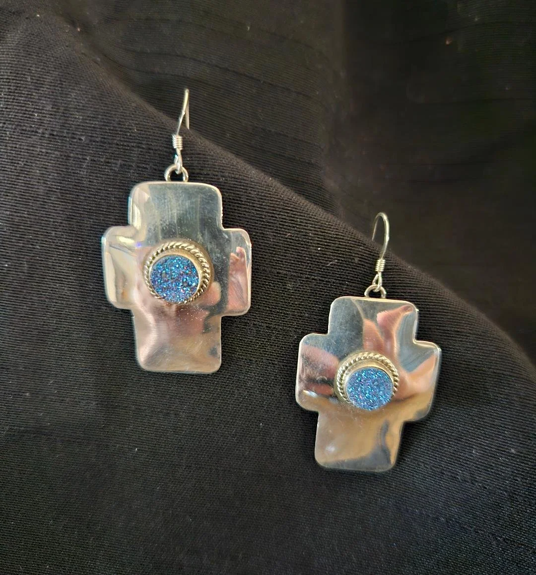 Druzy Agate & Sterling Silver Cross Earrings