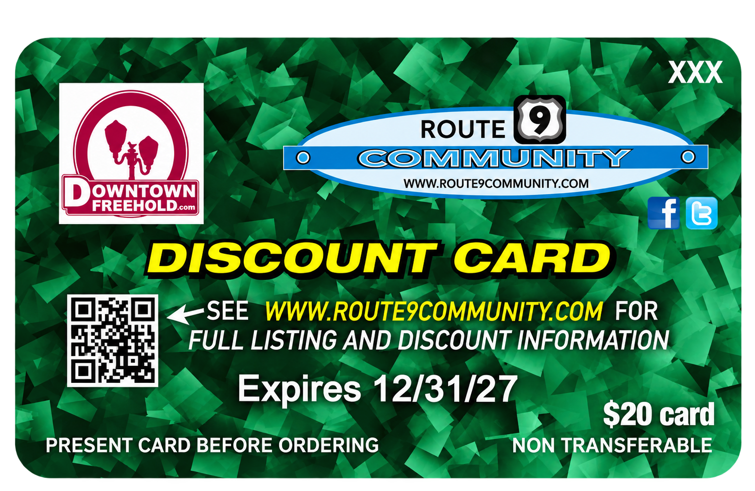 Discount card for Route 9 Community with Downtown Freehold logo, QR code, expiration date of 12/31/25, and text about full listing on route9community.com, priced at $20.