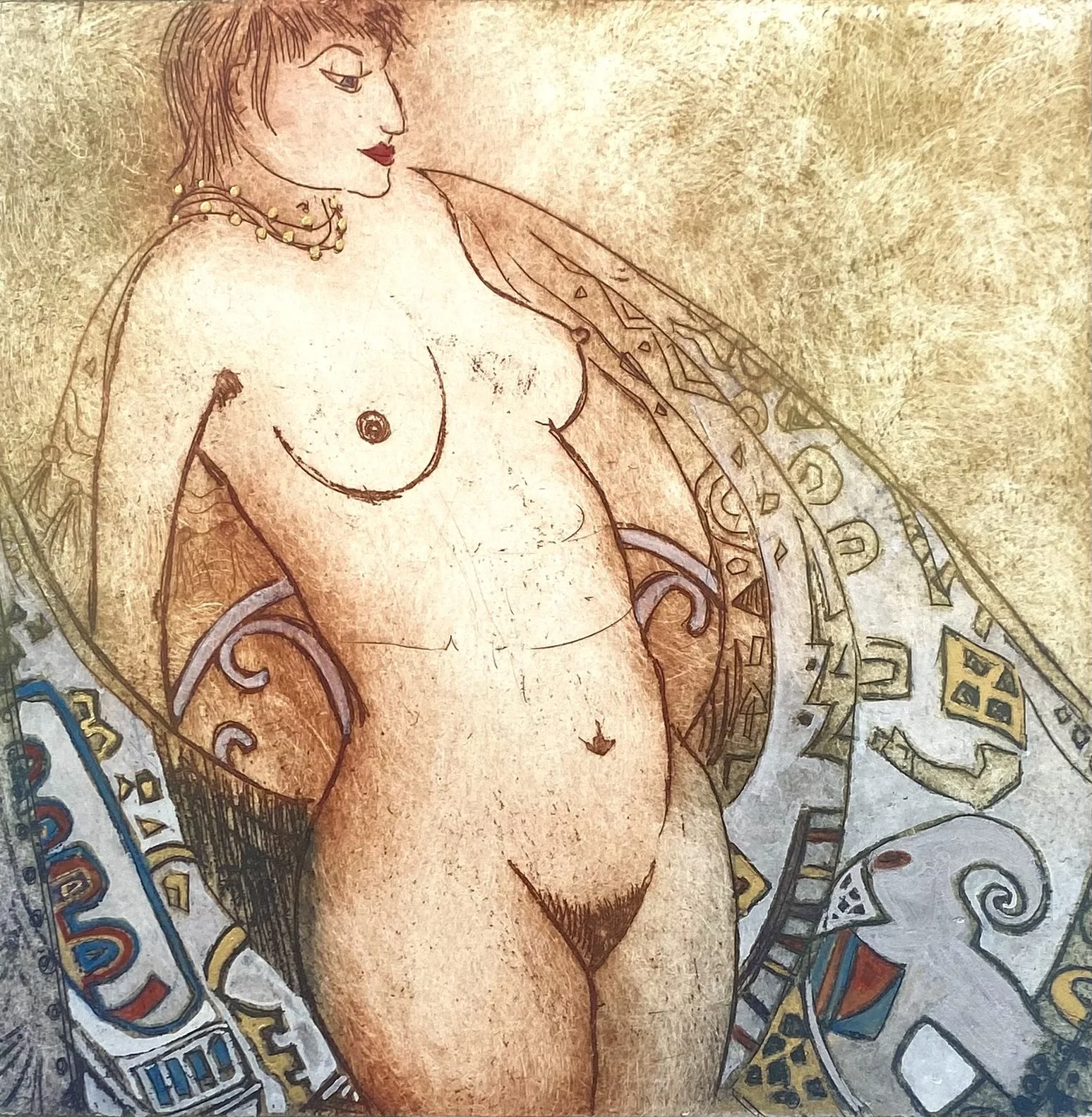 Var 3.   Scarf with Elephant.
Intaglio monoprint with watercolour hand painting.
Framed   W 45cm x H 46cm.  Price $320.
Contact: Jill Wilson.