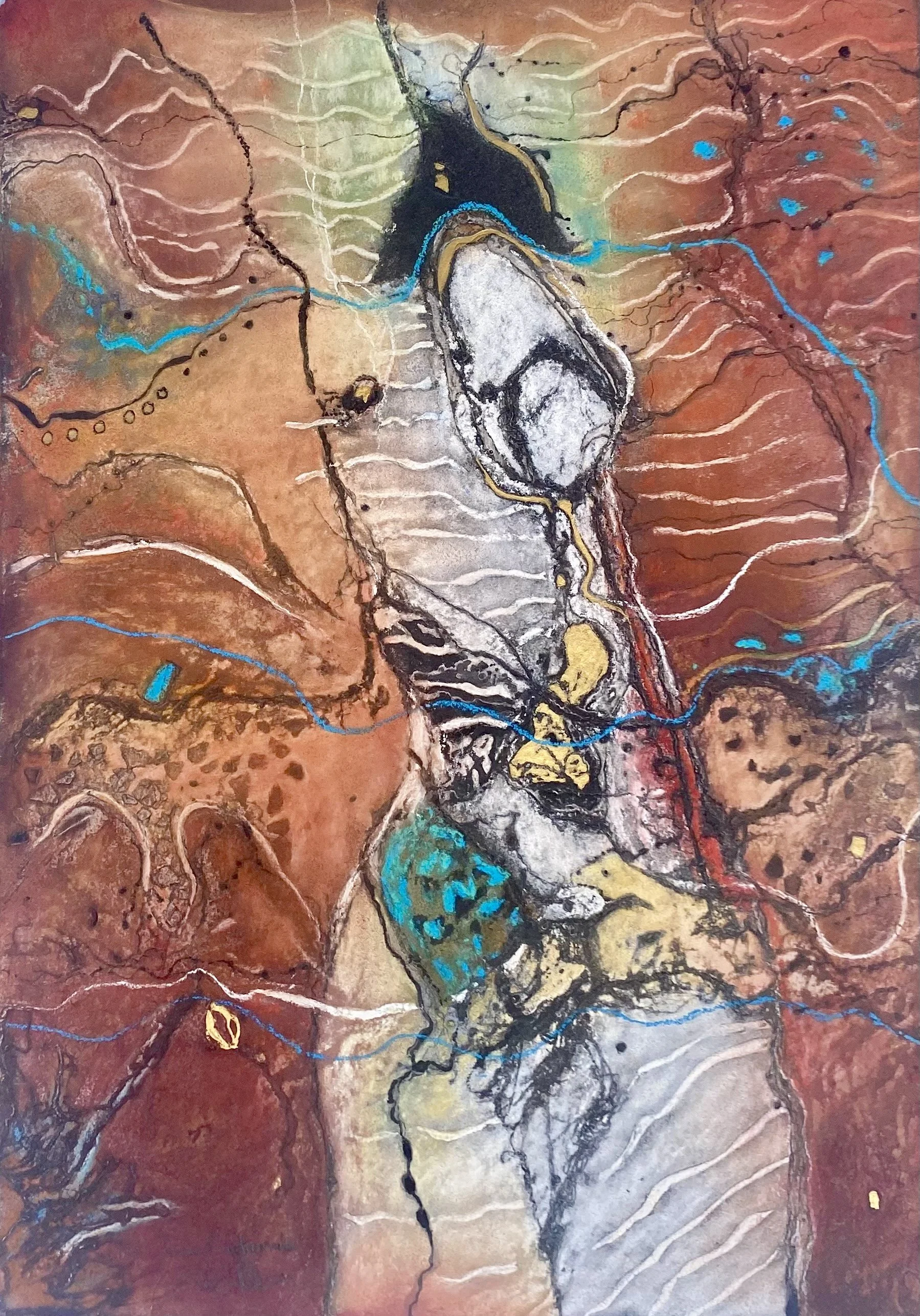 Var !.   Ancient Watermarks.
Collagraphic monoprint worked over with Pastel and gouache.
Framed   W 61cm X H 77cm
Price $1,650.                  Contact:   Jill Wilson..