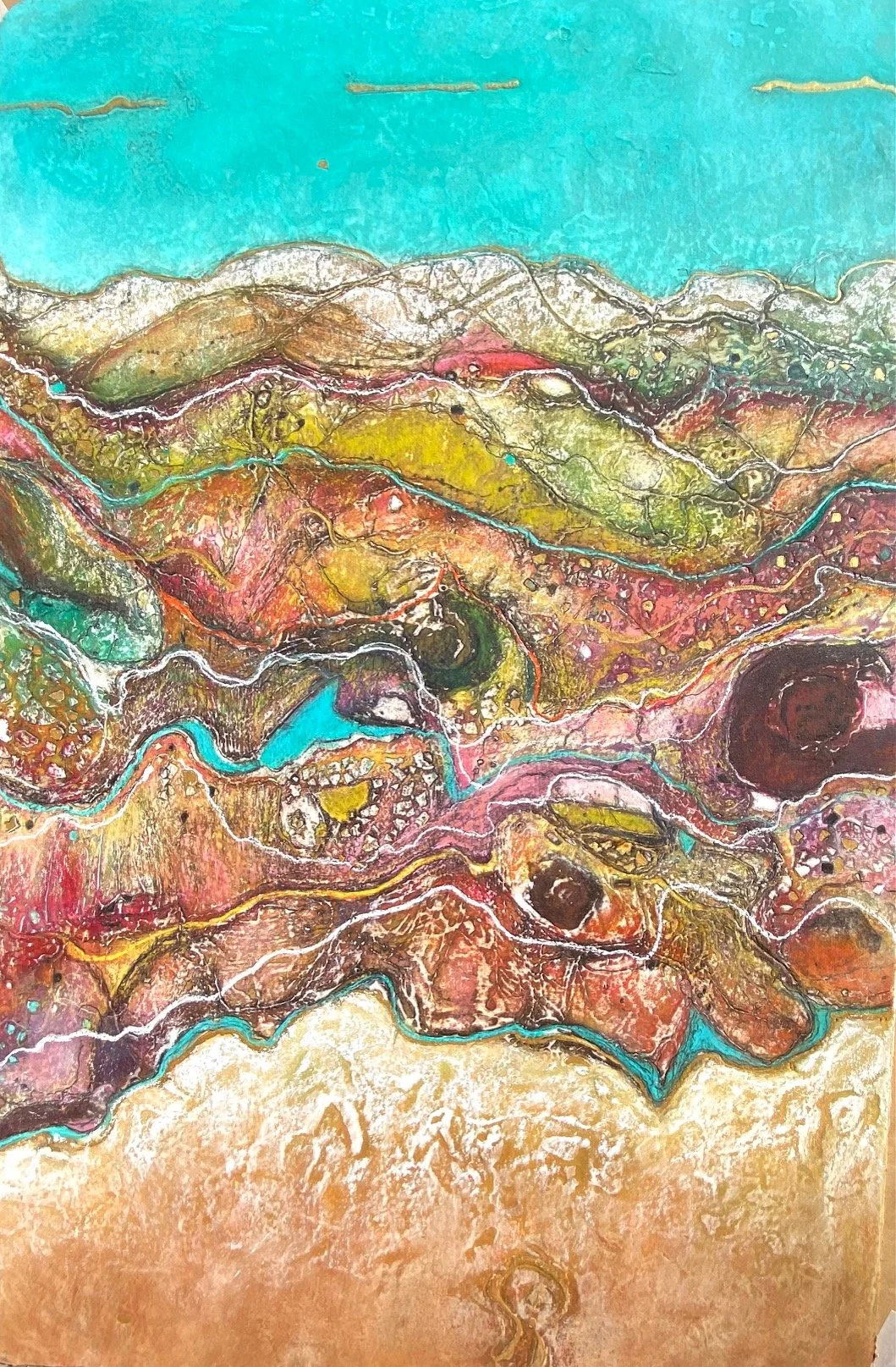 Var 22.   Desert Colours IV.
Collagraphic monoprint worked over with pastel and gouache.
Framed 71cm x 97cm.  
Price .. $2,750.    Contact: Cooks Hill Galleries