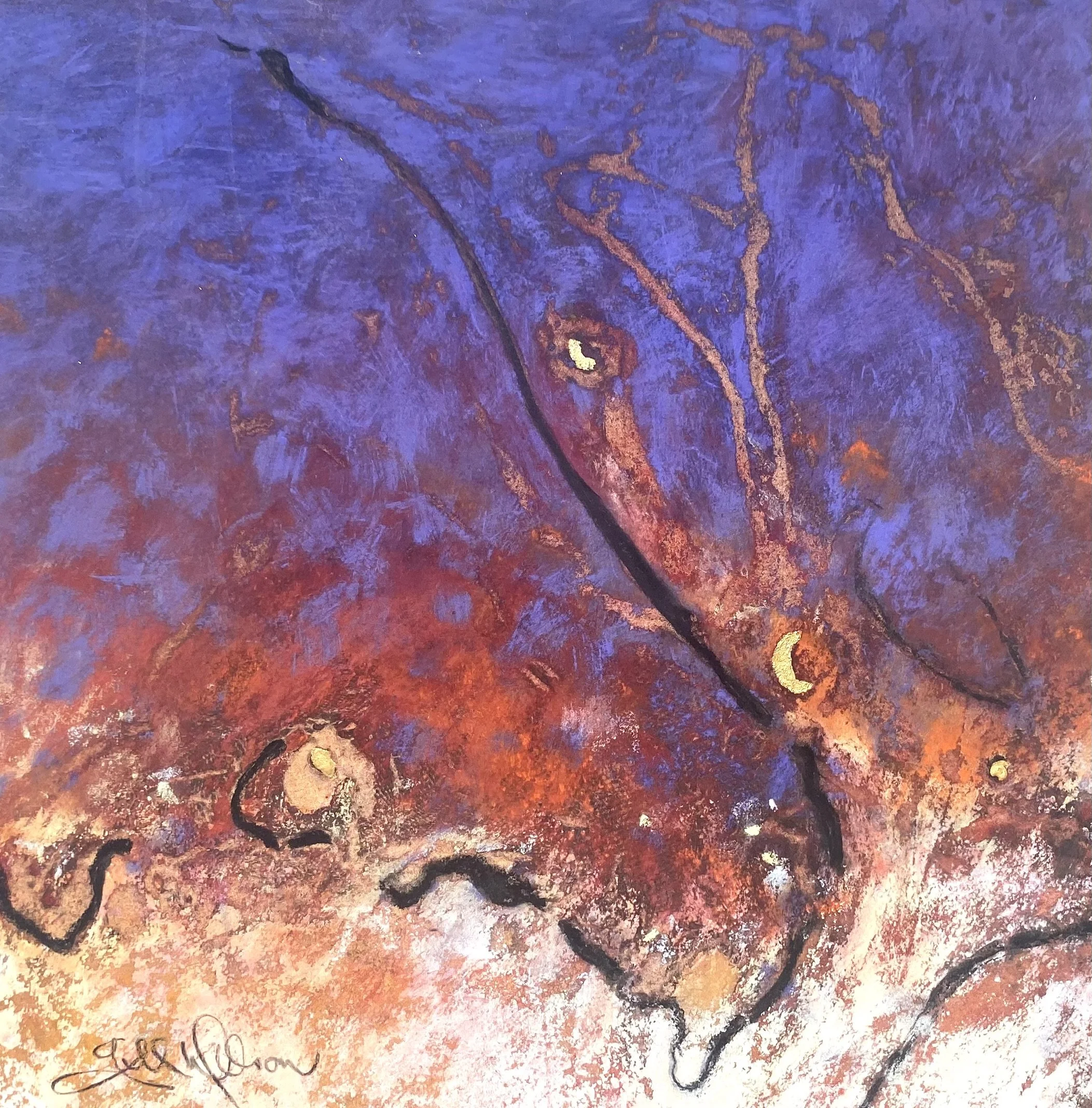 The Blaze.
Mixed media painting on 650gm paper. 
Framed 37cm x 37cm..
Price $400. Contact : Jill Wilson. 