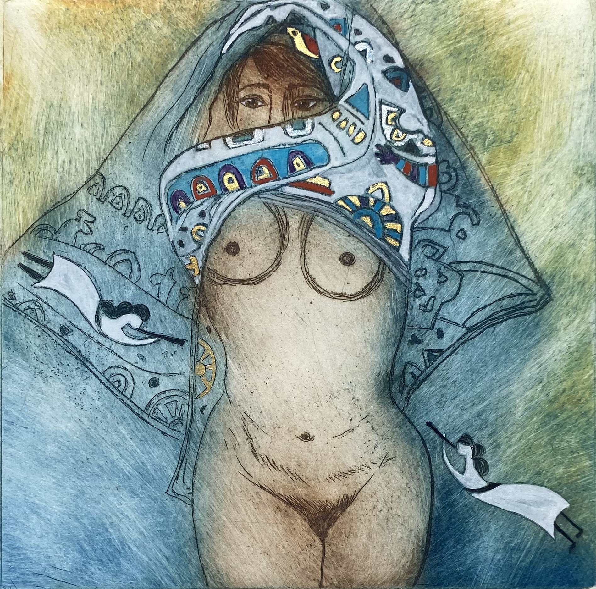 A/p.     Lyn with scarf.
Intaglio monoprint with watercolour hand painting.
Framed W 43cm x H 44cm.  Price $320.
Contact: Jill Wilson.