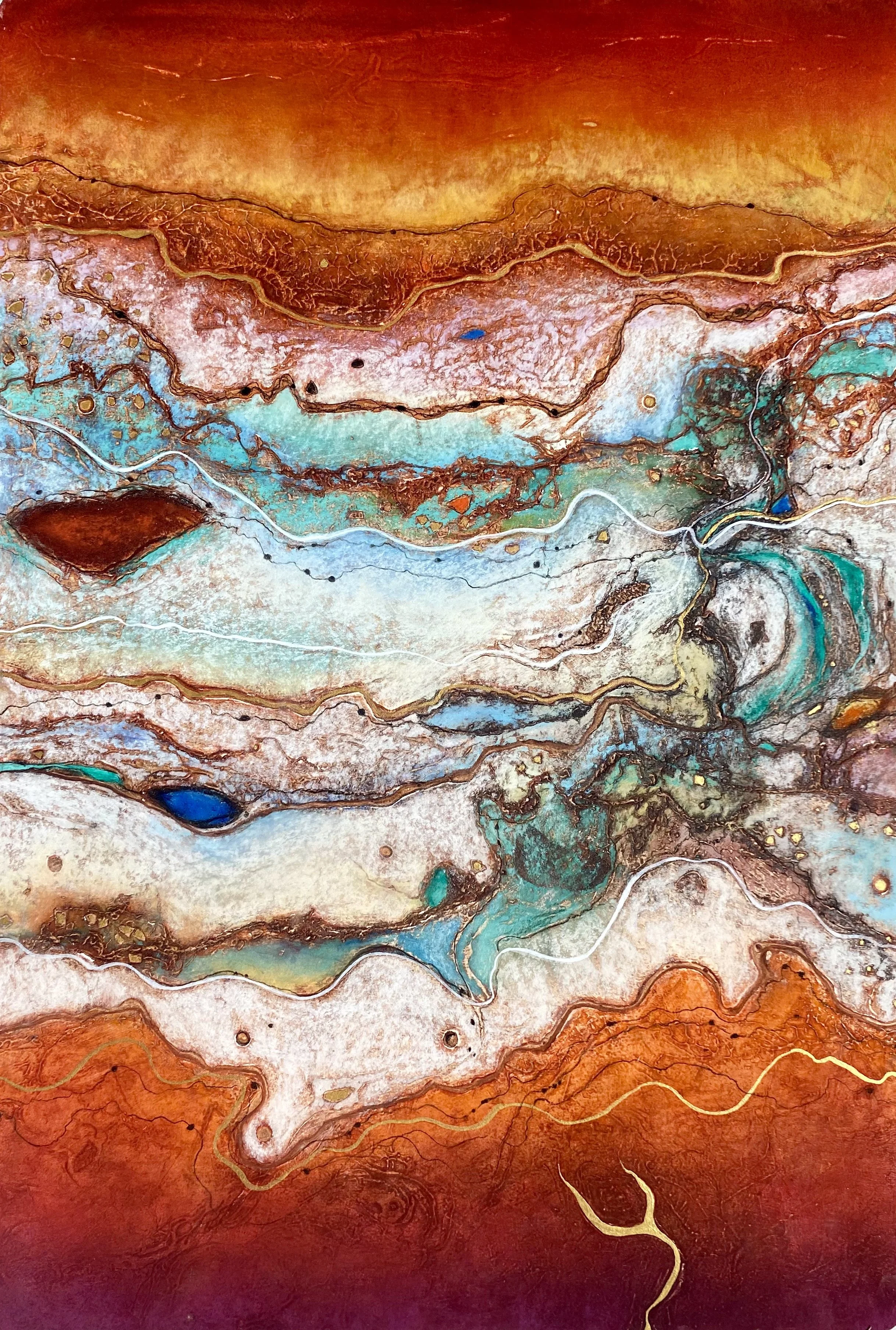 Var 12. Rainbow Valley Revisited.
Collagraphic monoprint worked over with pastel and gouache.
Framed 73cm x 97cm.
Price. $2,750. Contact : Cooks Hill Galleries.