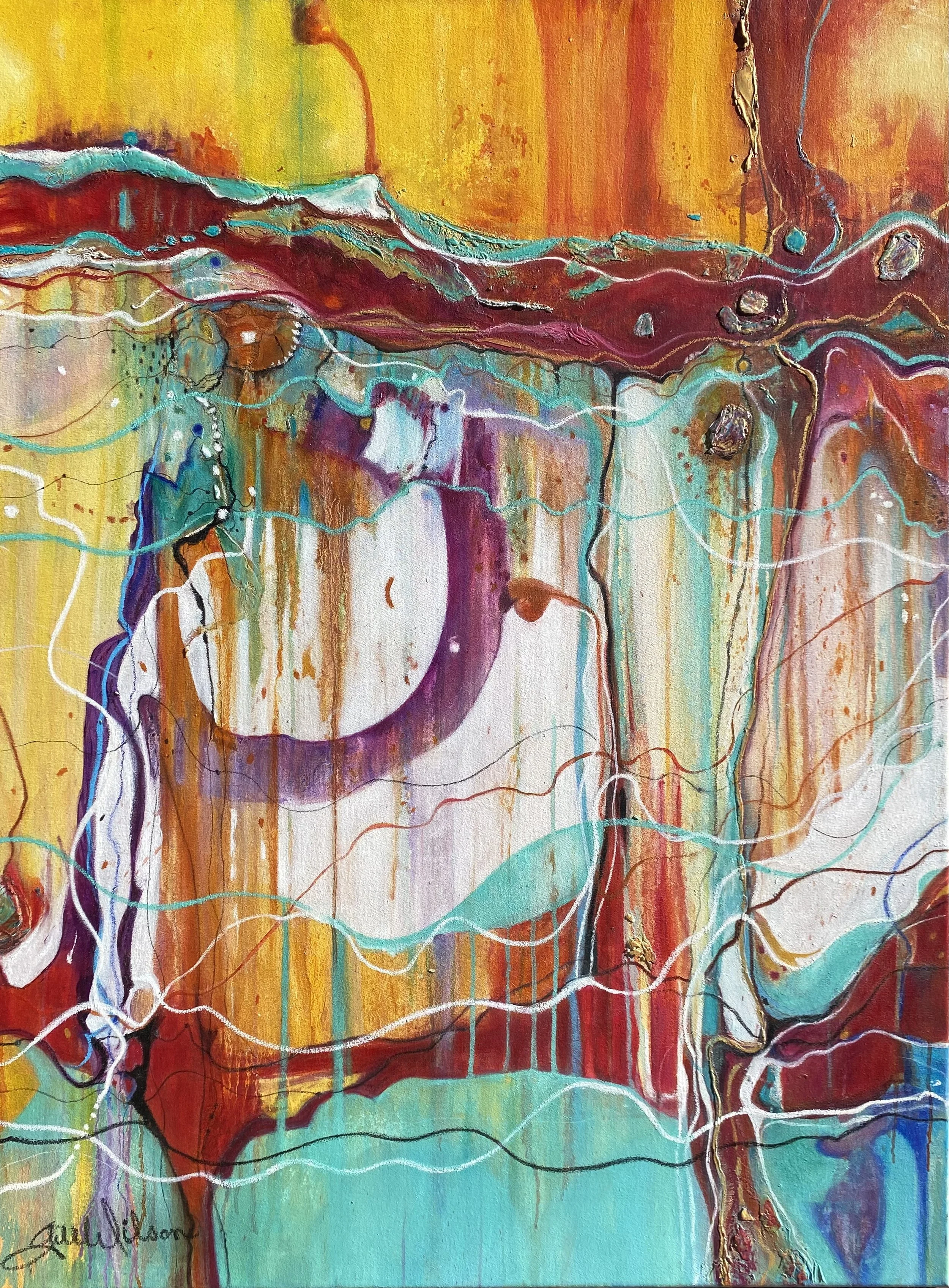 Opalescence  15.
Mixed media painting on canvas.
Size ..W 89.5cm x H 112cm .
Price...$2,750  Contact : Jill Wilson.
