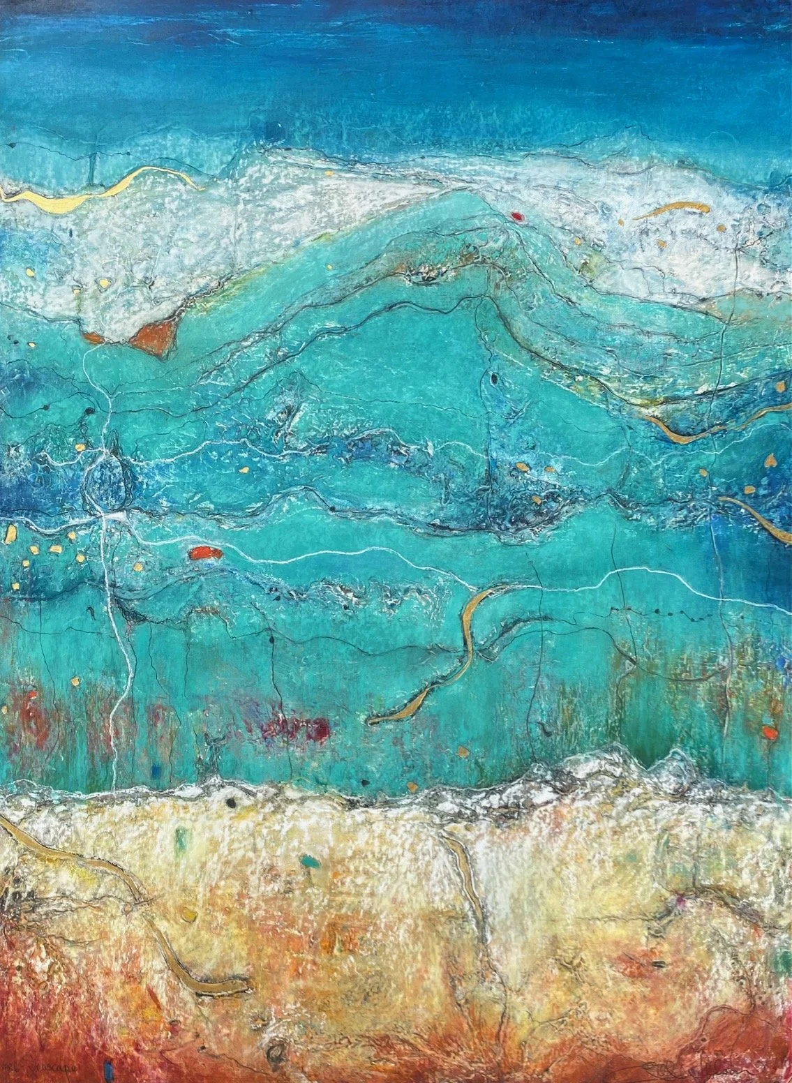 Var 6.      Seascape.
Collagraphic monoprint worked over with pastel and gouache.
Framed  77.5cm x 97cm
price ...$2,750.
Contact : Cooks Hill Galleries. 