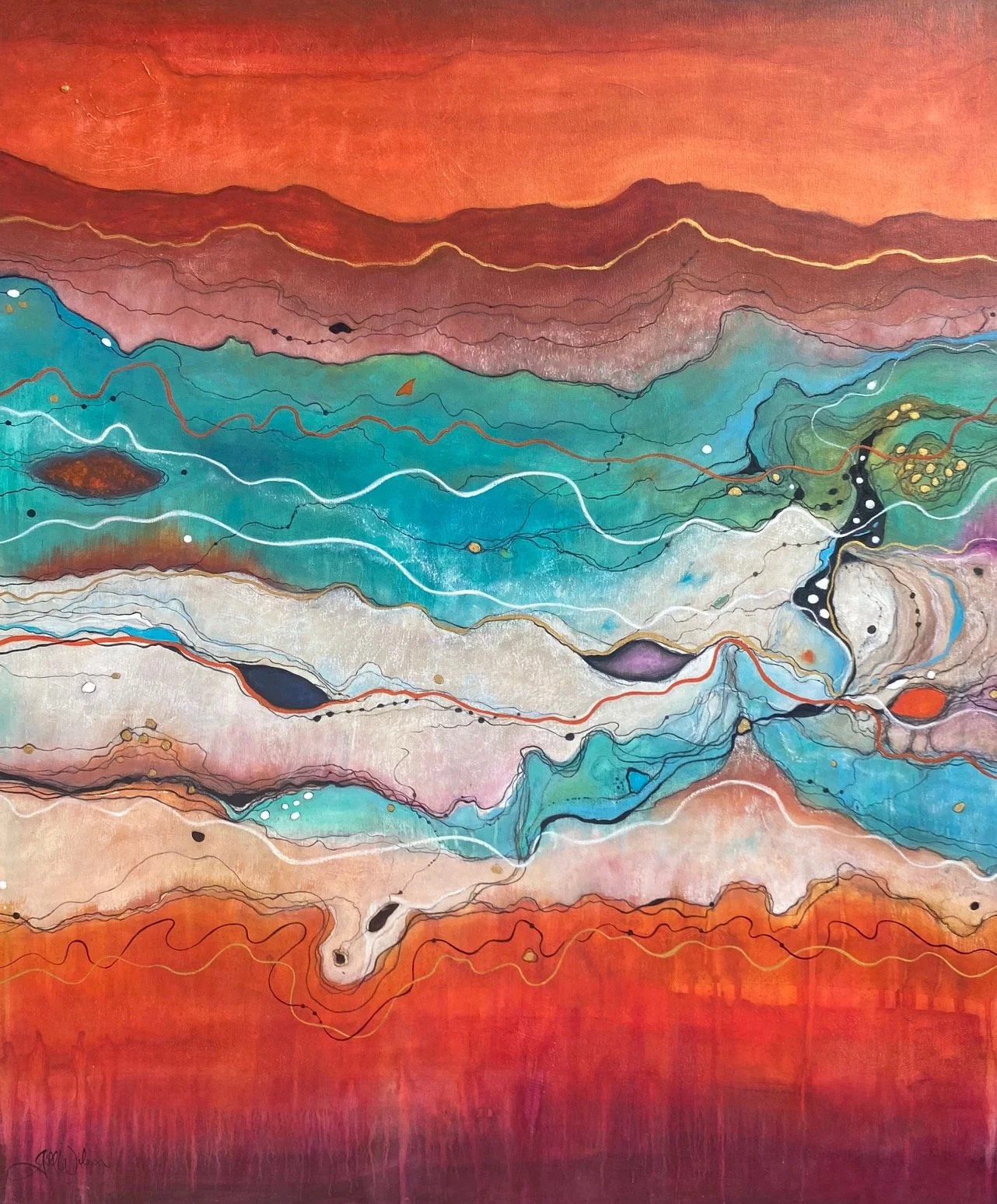 Rainbow valley revisited III.
Acrylic painting on canvas. White washed box frame.
Framed  W 103cm x H 123cm.
Price $7,500.   Contact : Jill Wilson.
