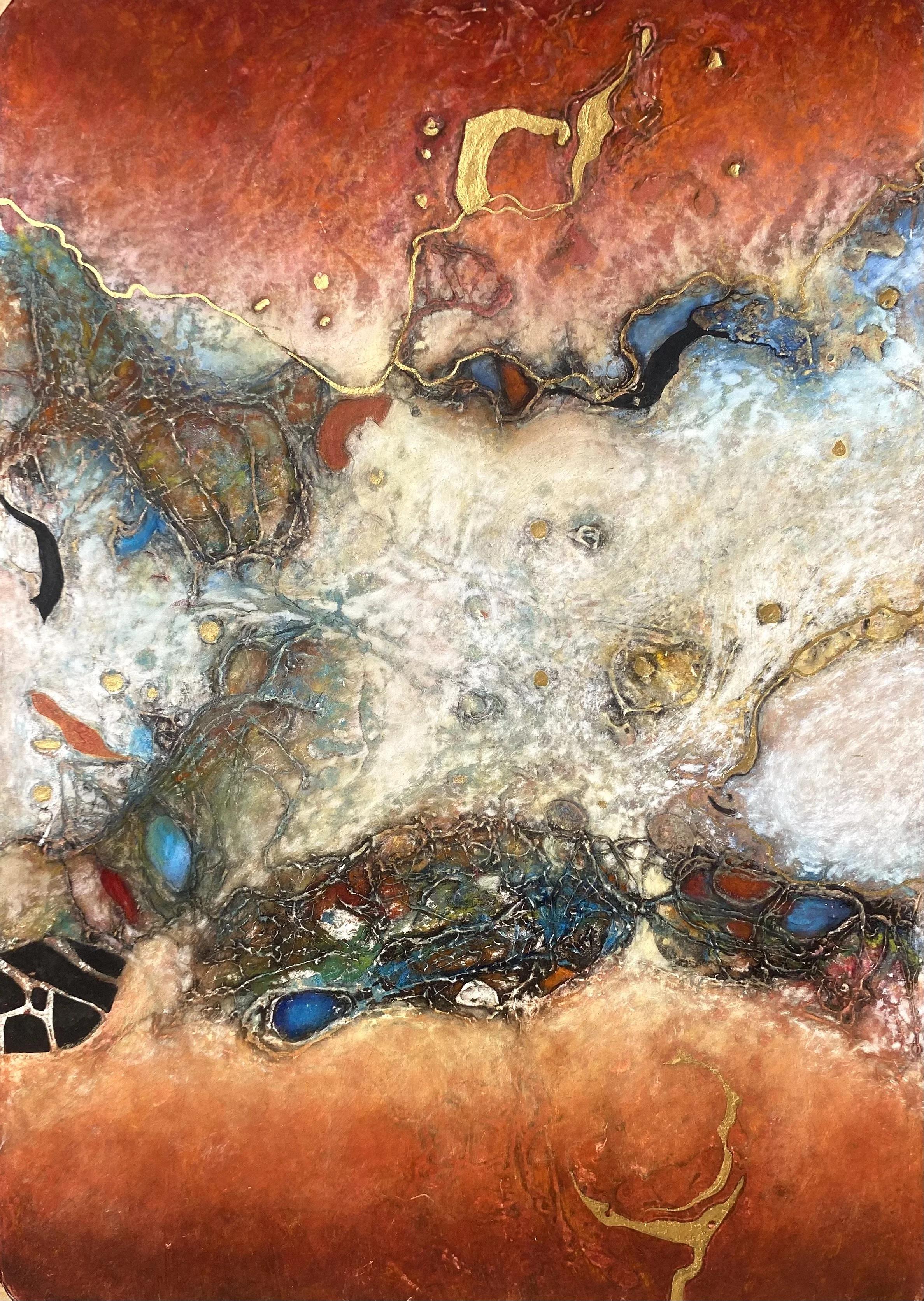 Var 71.  Rainbow Valley . 
Collagraphic monoprint worked over with pastel and gouache. 
Framed 53cm x 65cm.
Price $850.                         Contact Jill Wilson.