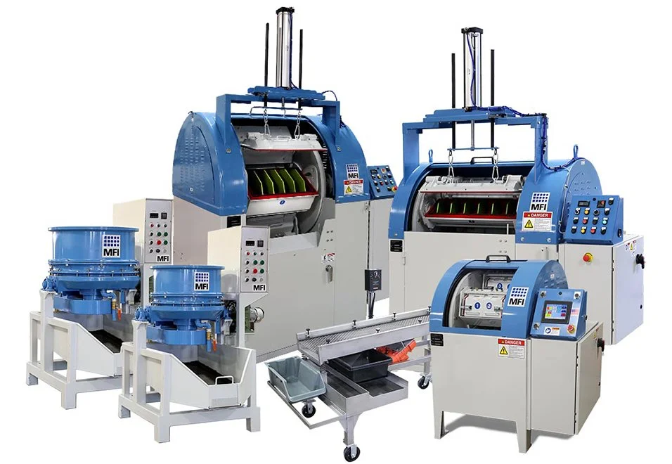 A collection of parts finishing equipment, including centrifugal barrel finishing and vibratory finishing machines, designed to enhance the surface quality and cleanliness of metal and industrial components.
