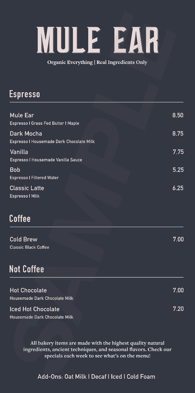 Mule Ear Coffee Menu 2026 Organic Clean Ingredient Coffee and Bakery
