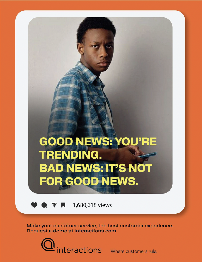 A young man with dark skin and short curly hair looking serious, wearing a blue plaid shirt, holding a smartphone. Text on the image reads: "Good news: you're trending. Bad news: it's not for good news."