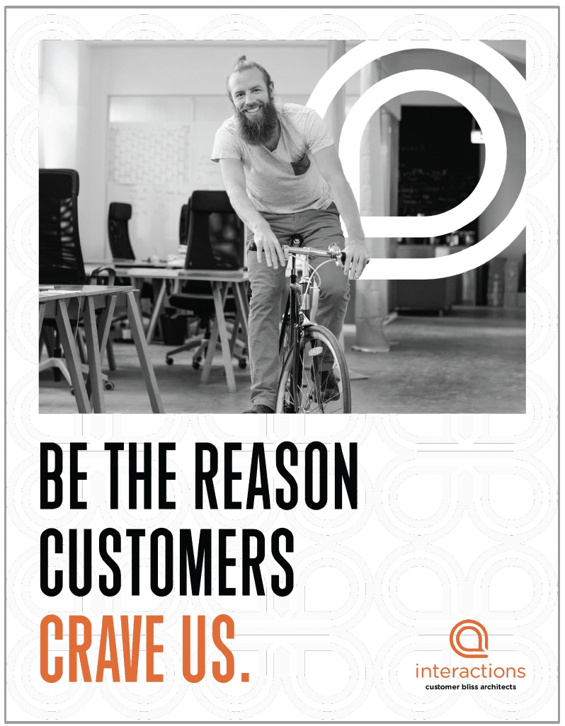 A smiling man with a beard riding a bicycle in an office setting with desks and chairs, alongside a graphic design on the image that reads, "Be the reason customers crave us."