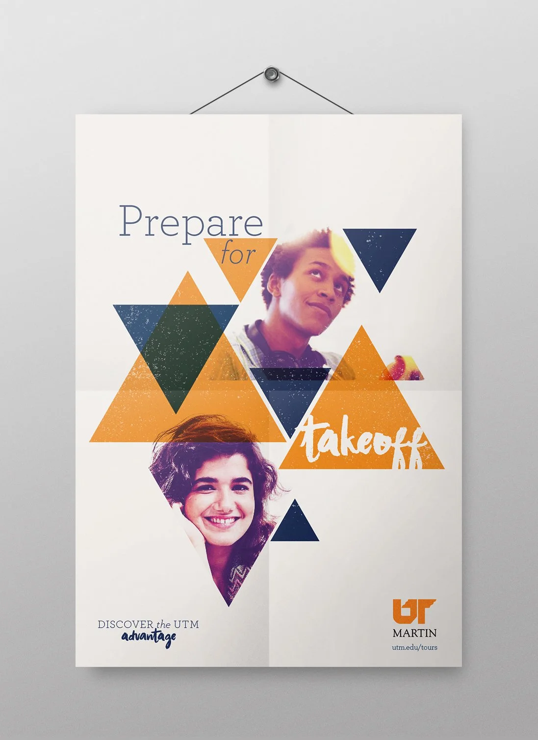 Poster with images of two students, geometric design, and the text 'Prepare for takeoff'.