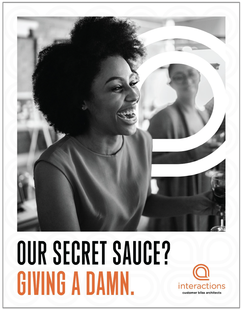 Black and white photo of a woman laughing and holding a glass of wine, with a blurred person in the background. The image features overlaid text that reads 'Our secret sauce? Giving a damn.' and a logo for Interactions, customer bliss architects.