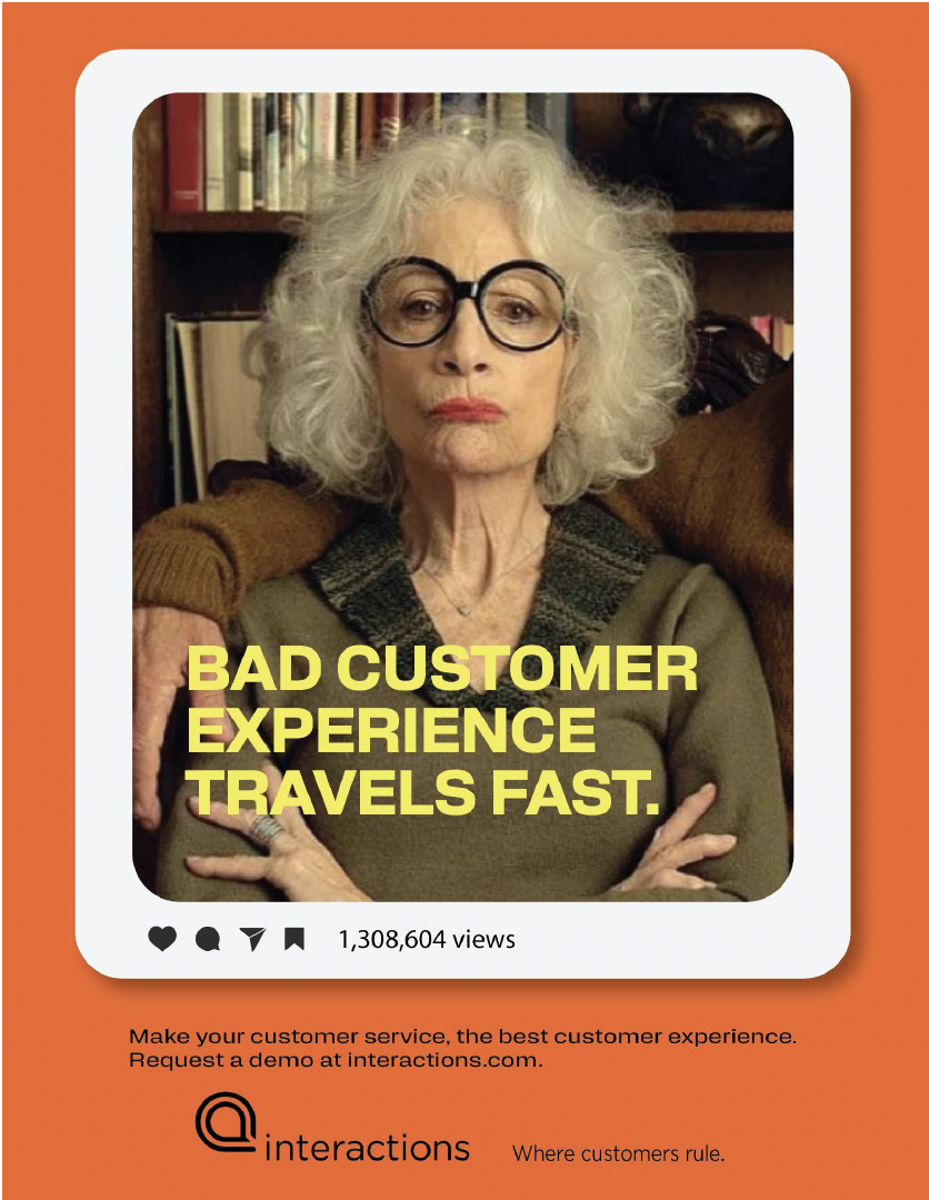 A woman with curly gray hair and glasses sitting in a chair, crossing her arms, with a serious expression, in front of a bookshelf. Text overlay: "Bad customer experience travels fast."