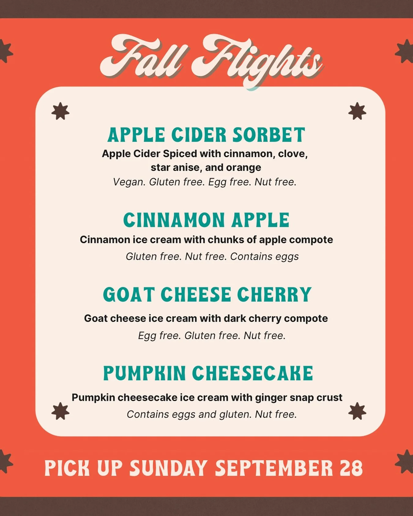 Flights for Fall!! A flight of three flavors perfect for fall. 4 flavors to choose from. Pick up will be on Sunday afternoon in Highland Park or Sunday evening in the Drake Neighborhood. Might be the last time to get Pints before Scoops opens in Nove