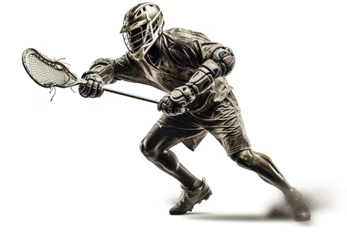 A lacrosse player in action with full gear, including a helmet and stick, on a white background.